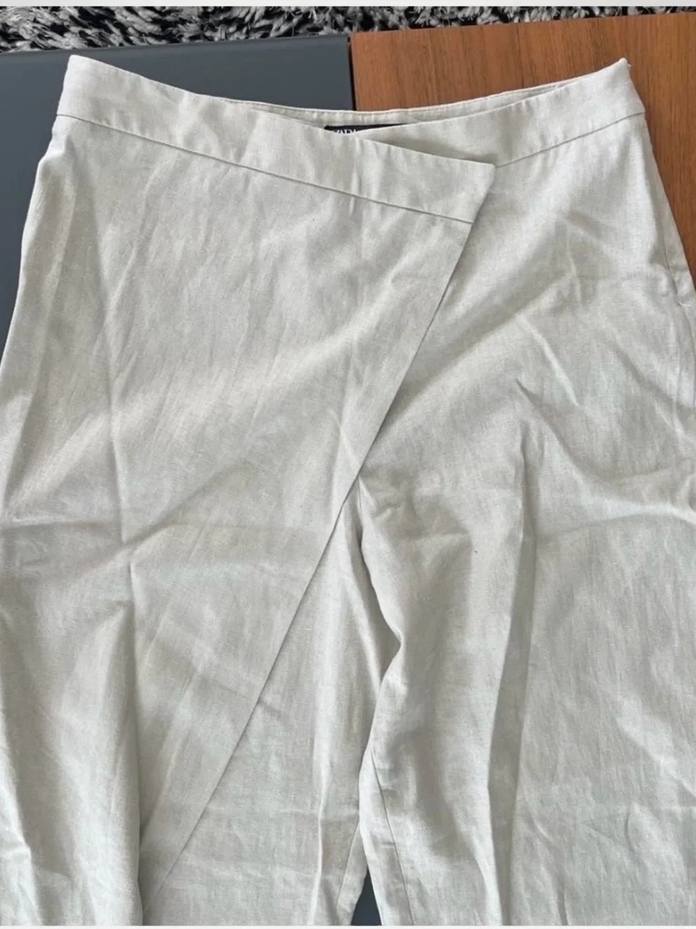 Zara Pareo Wrap-Front Wide Leg Linen Pants in Light Beige